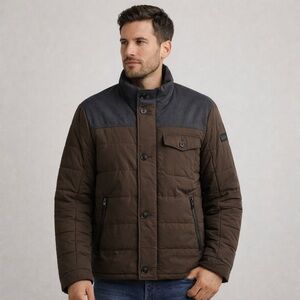 TUMI Men’s Mixed Media Jacket Brown & Charcoal Transitional Coat Medium